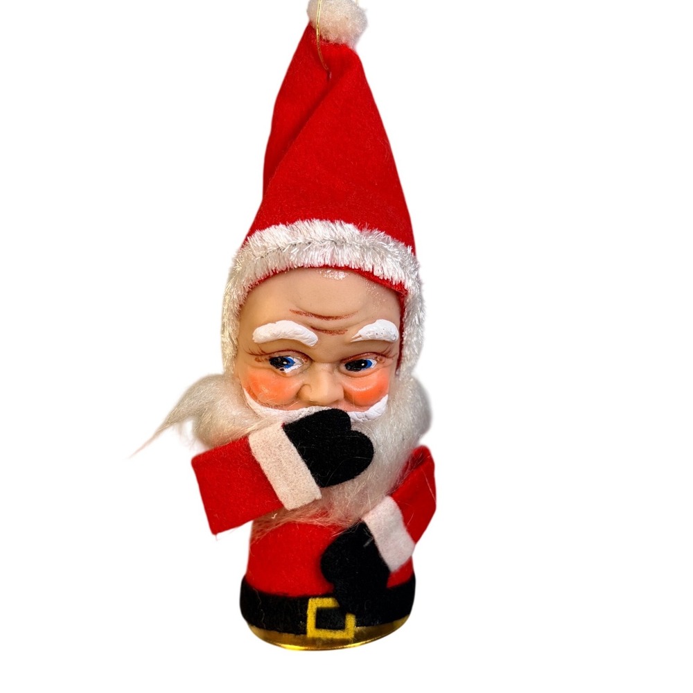 Vtg 1950s Felt Santa Claus Bell Christmas Ornament Japan Plastic Face MCM Kitsch